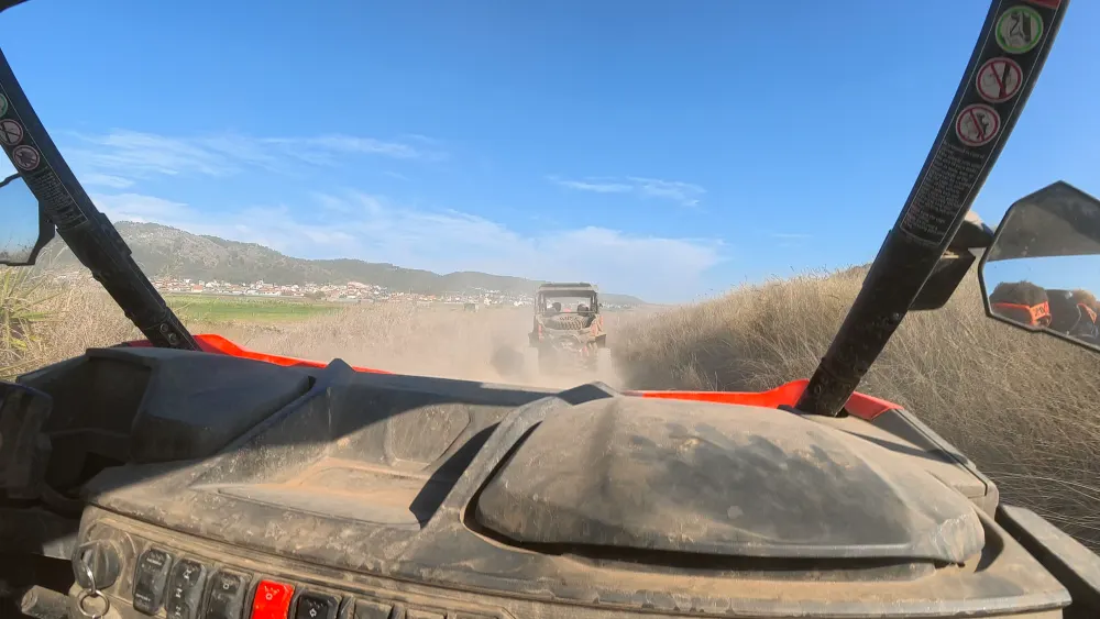 Following a buggy across open fields with mountains behind