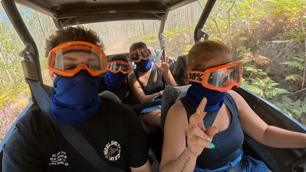 Masked up family selfie among the eucalyptus trees